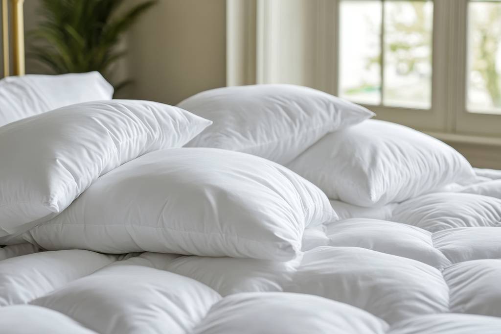Zirbendecke-Test: Bettdecken und Kissen liegen auf einem Bett.