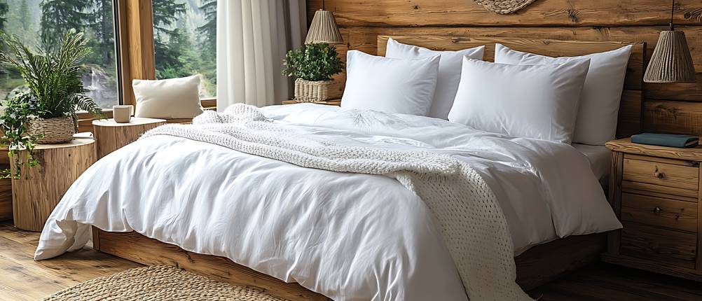 Zirbendecke-Test: Kopfkissen und eine große Bettdecke in weißer Bettwäsche liegen auf einem Bett in einem rustikal wirkenden Chalet.