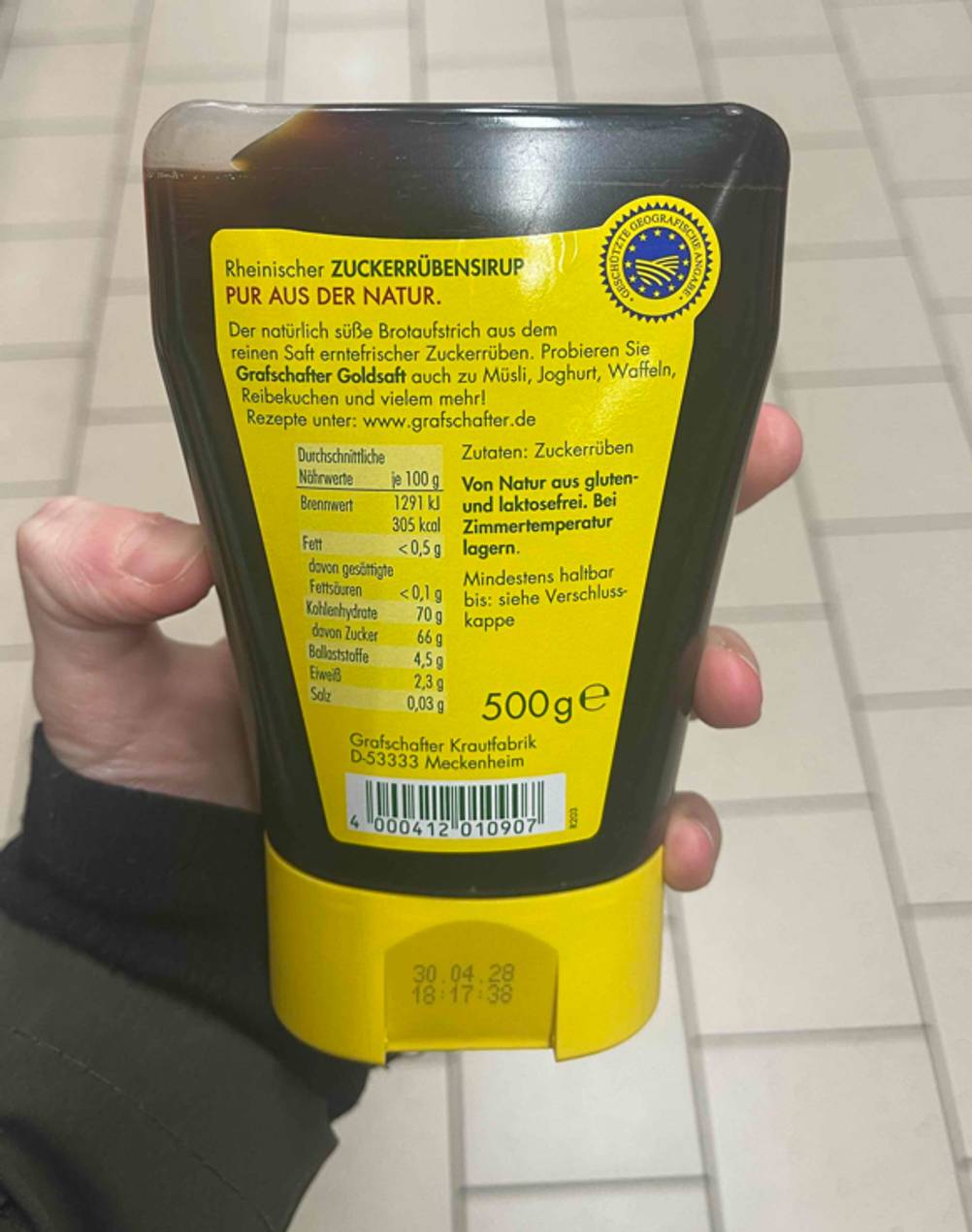 Rückseite der Tube Zuckerrübensirup im Test mit Informationen.