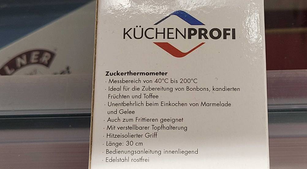 Zuckerthermometer im Test: Nahaufnahme der Rückseite der Verpackung mit Informationen.