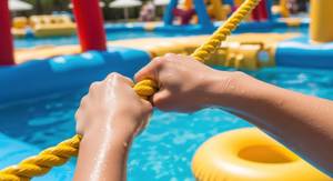 Zugseil Schwimmen Test: Ein Kind hält sich an einem Seil beim Pool fest. 
