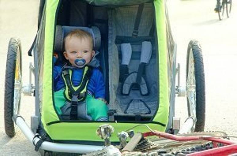 ein baby sitzt in einem fahrradanhaenger