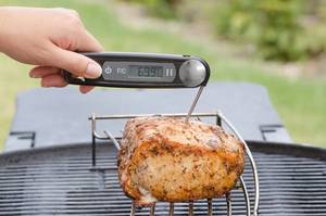 frau misst die temperatur des fleisches mithilfe eines thermometers