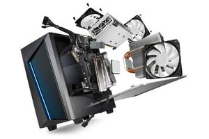 Tests von Gaming-PCs: Einzelne Bestandteile fliegen aus dem Gehäuse, darunter Grafikkarte, Prozessor, Arbeitsspeicher.