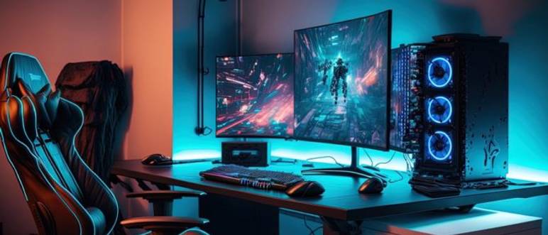 Gaming-PC getestet: Gaming-Stuhl vor Schreibtisch mit Monitoren und Gehäuse.