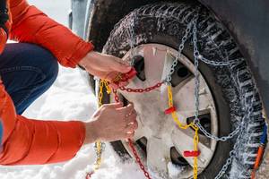 schneeketten werden an reifen angebracht