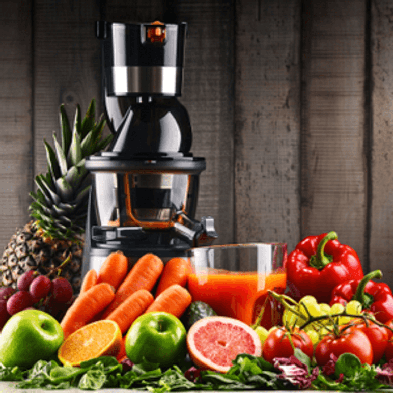 Slow Juicer umgeben von Obst und Gemüse